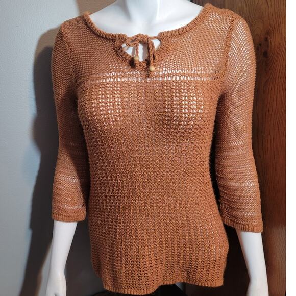 Lucky Brand Boho Crochet Sweater Brown Tie Neck Open Knit Semi Sheer Top Small - Picture 2 of 10